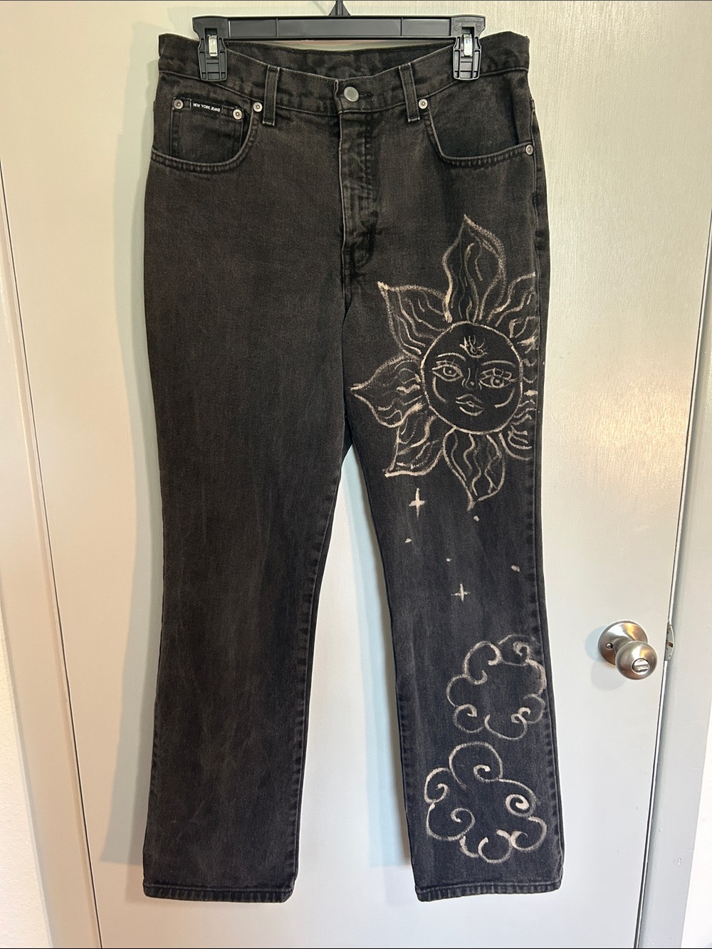Hand-Embroidered Black Boot Cut Jeans with Sun & Cloud Motif Bleach Dye Boho